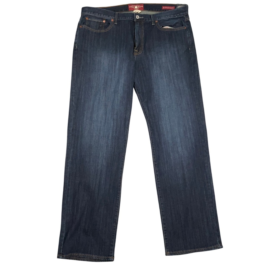 Lucky Brand 361 Vintage Straight Jeans Mens 38x32 Indigo Whisker Everyday Denim
